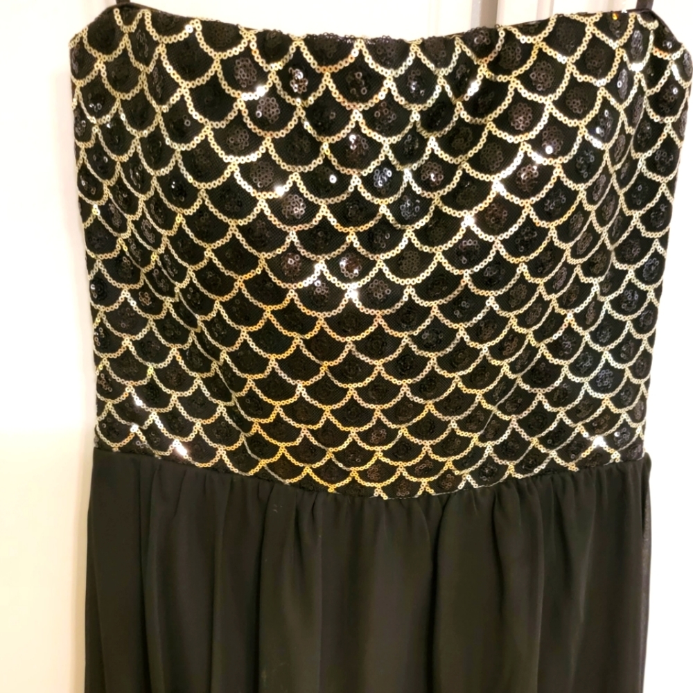 Black and gold sequin strapless hi low formal dress